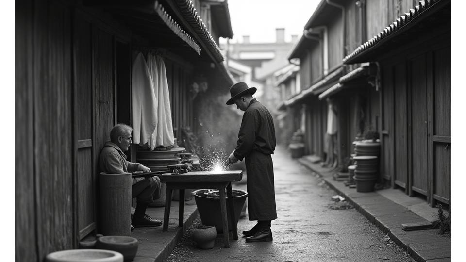 古い白黒写真。昭和初期の神楽坂の小さな鍛冶屋の店先で、職人が熱い鉄を叩いている様子。背景には木造の町並みが広がる。